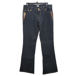Cache Womens Vintage Dark Wash Denim Tortoiseshell Sequin Flare Leg Jeans Size 6